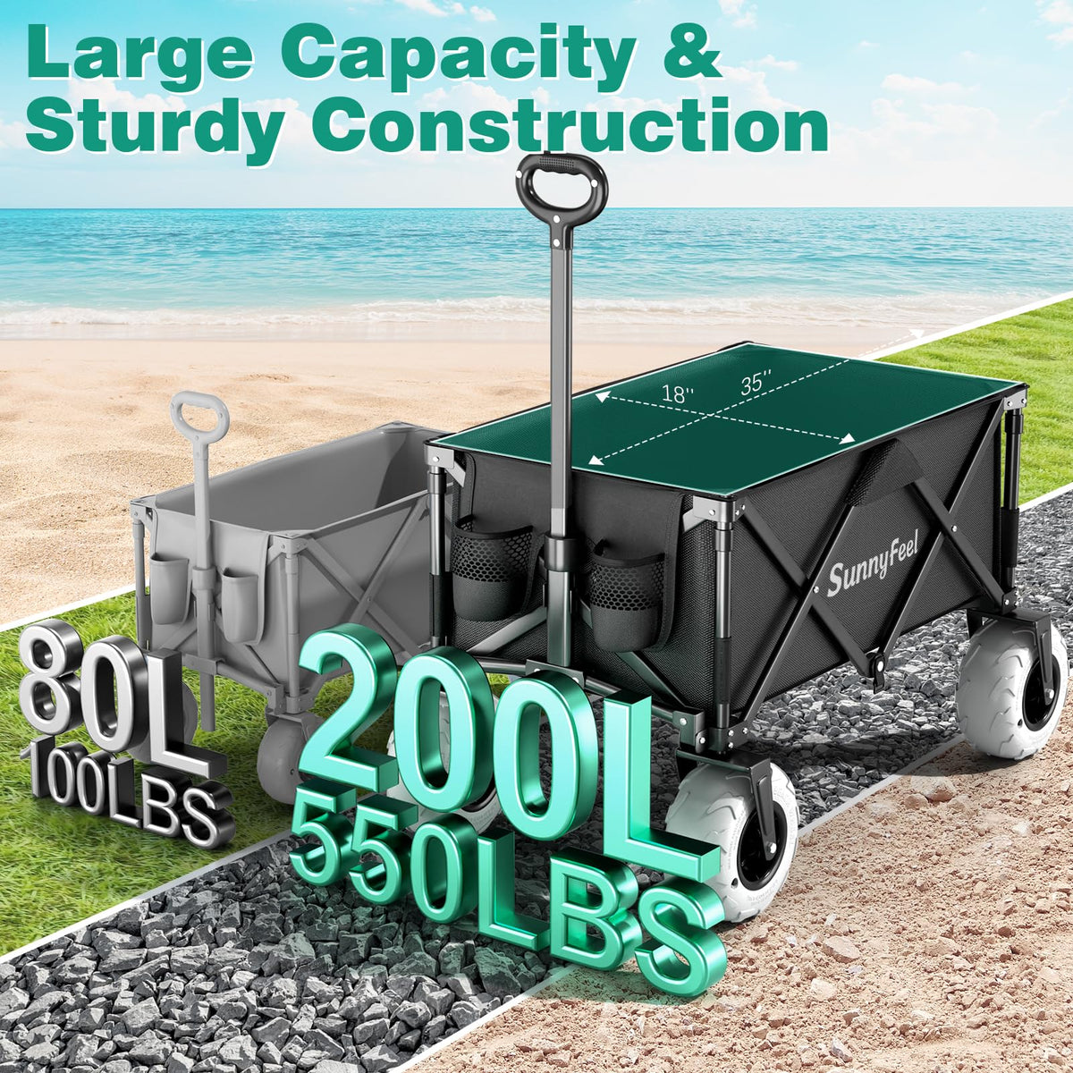 SunnyFeel beach wagon with reinforced frame handles uneven terrain.