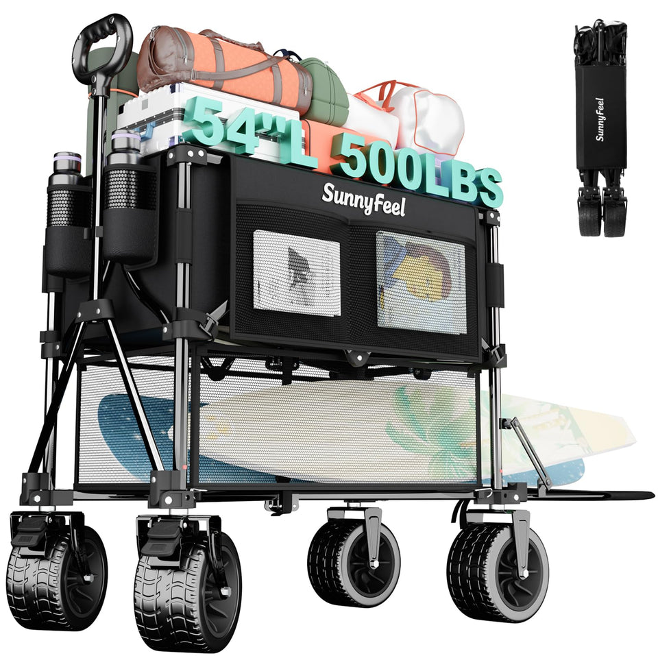 SUNNYFEEL Double Decker Wagon setup shows two organized tiers for camping gear