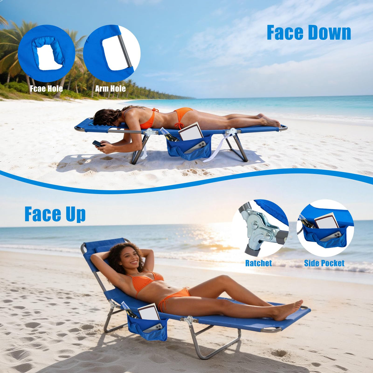 SunnyFeel Lay Flat Chair 2-Pack folded size 27.9 in x 22 in x 4.3 in fits car trunk