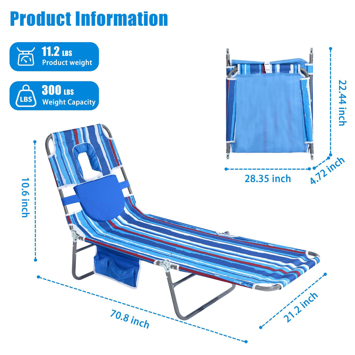 SUNNYFEEL Lay Flat Chair with arm slots for relaxed side lounging.