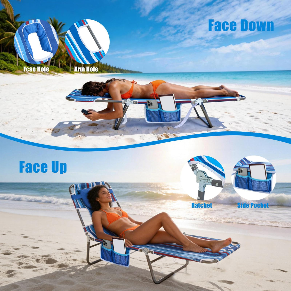 SUNNYFEEL Lay Flat Chair includes a lightweight side strap for carrying.