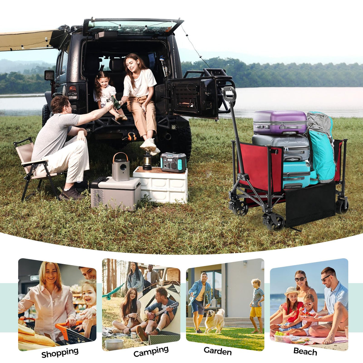 SUNNYFEEL wagon demonstrates 200lbs capacity for heavy loads.