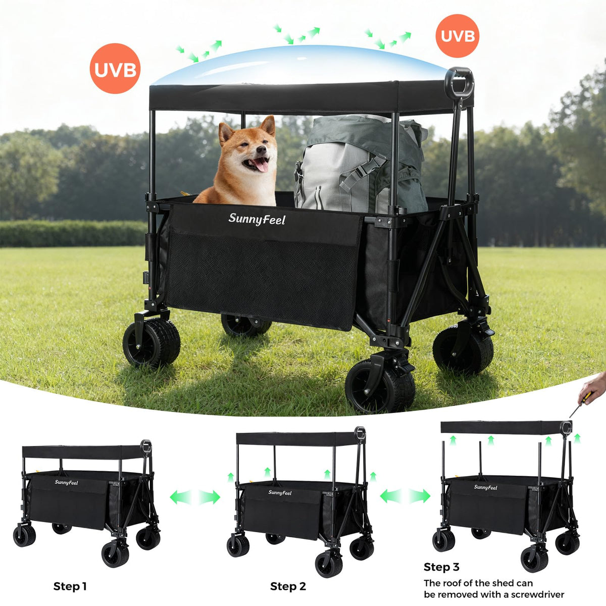 SunnyFeel wagon with 7in tank wheels for smooth movement on uneven terrain.