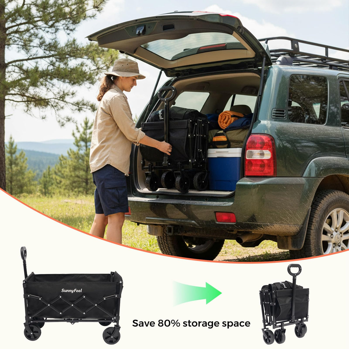 SunnyFeel wide-use utility wagon fits groceries, camping gear, and garden supplies.