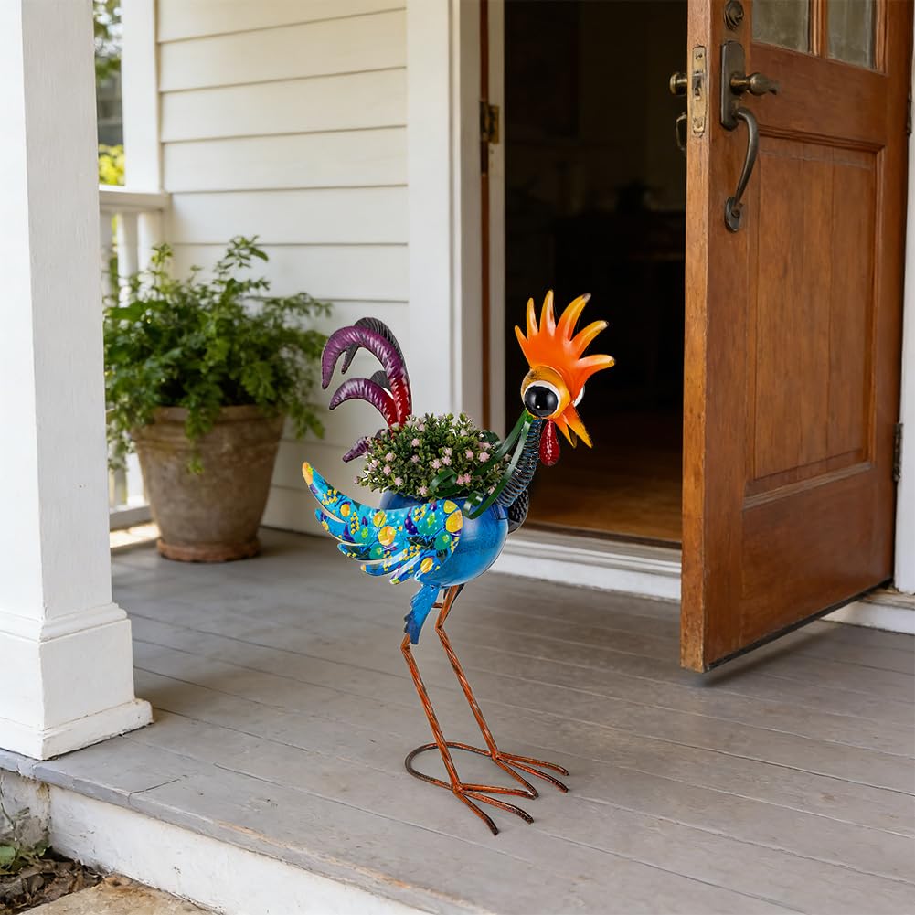 SunnyGarden metal yard decor rooster finish resists weather, ideal for year-round porch accents