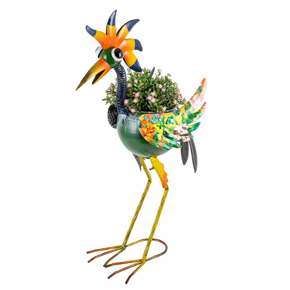 SunnyGarden Wacky Rooster Planter tall metal focal point for outdoor plantings.