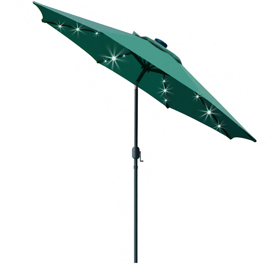 Sunnyglade 9' solar LED patio umbrella open for evenings outdoors.
