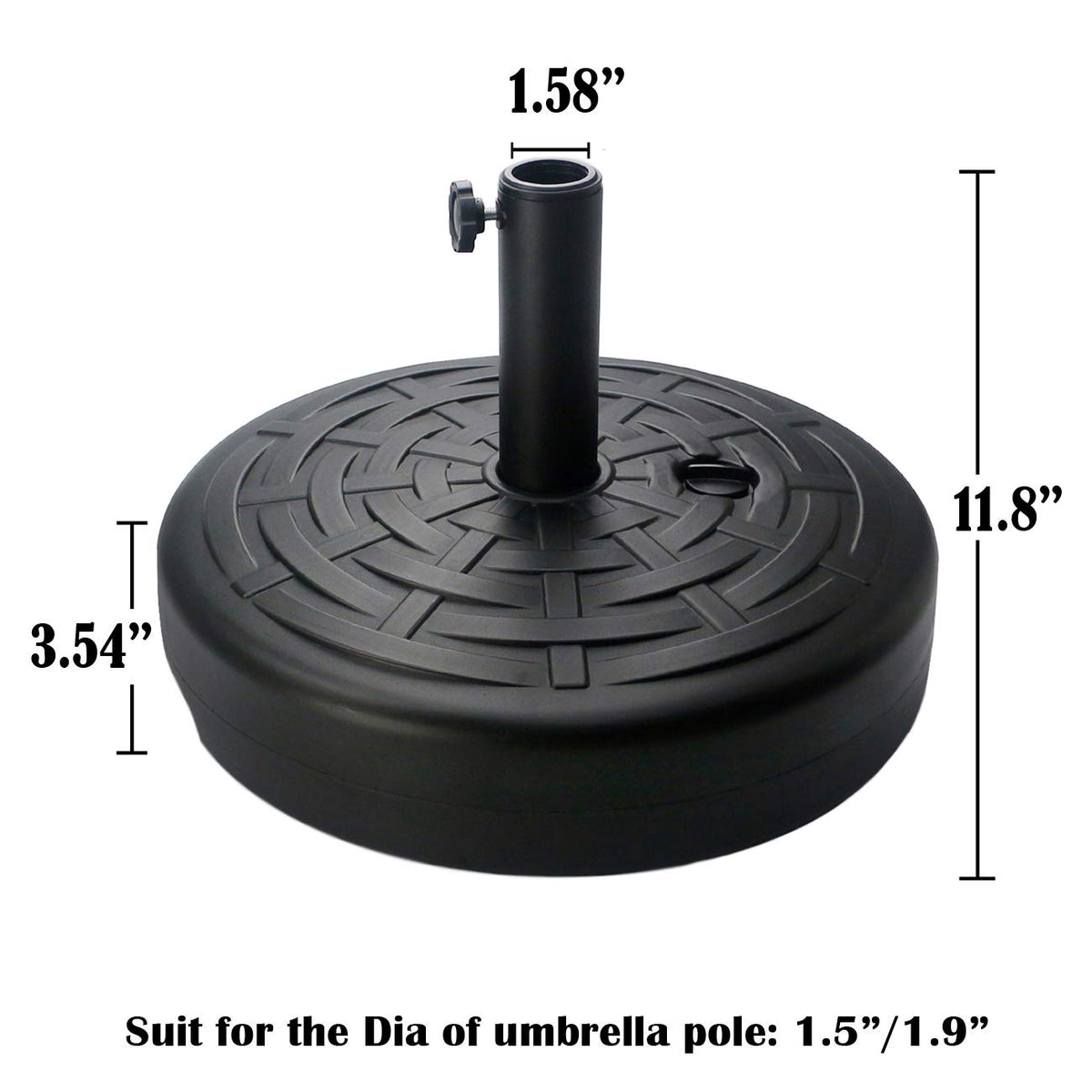 Sunnyglade base adapts to 1.5-inch to 1.9-inch poles with adjustable piston.