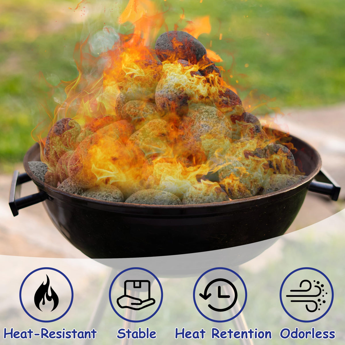 Sunnyglade black lava pebbles showcase porous texture for even heat distribution.