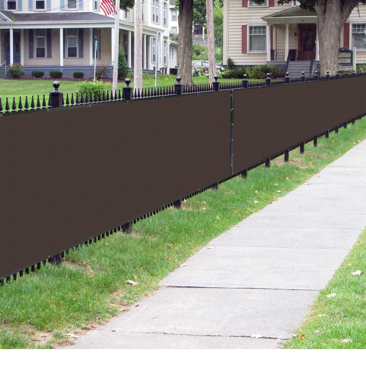 Sunnyglade heavy-duty fence mesh shade net in brown with durable grommets.