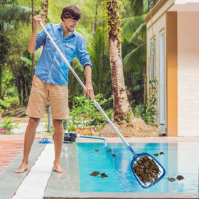 Sunnyglade heavy-duty pool skimmer with wide mouth for fast debris pickup.