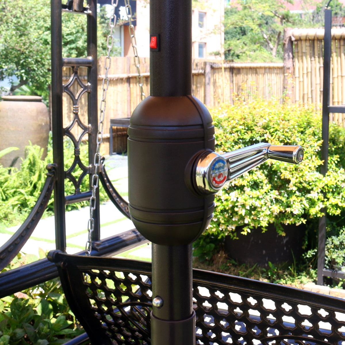 Close-up of Sunnyglade LED lights along umbrella rib.