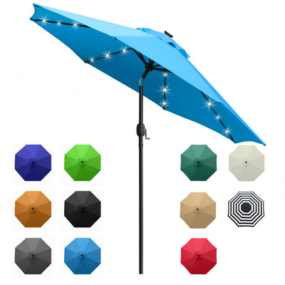 Sunnyglade solar LED umbrella blue close-up highlights ambient glow and fade-resistant canopy