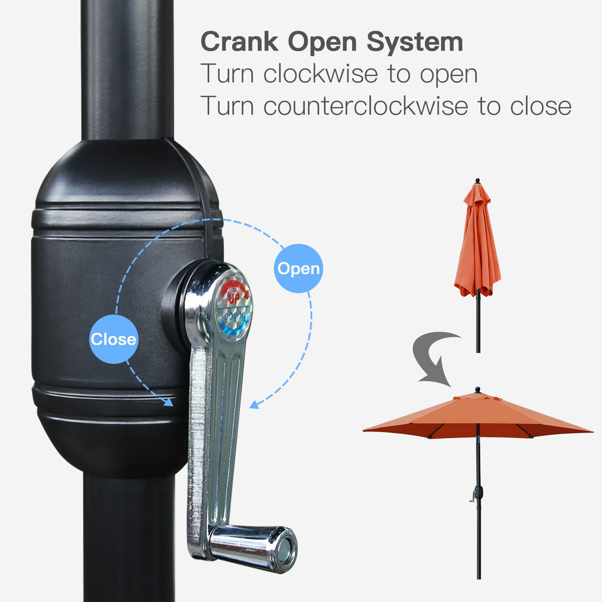 Sunnyglade umbrella crank-open design adds simple setup.