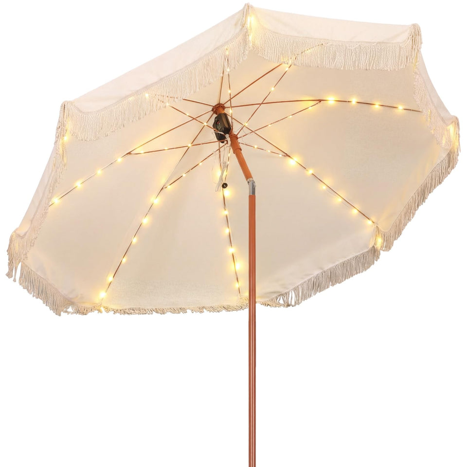 Sunnymove 6ft fringe umbrella with edge solar lights creates cozy evenings outdoors.