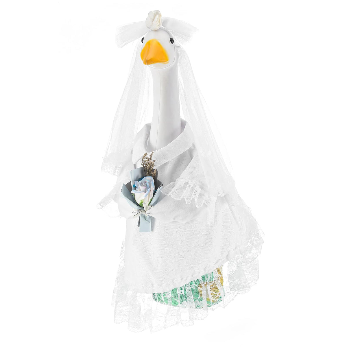 Sunnymove bridal goose outfit on a 23-inch goose wearing a wedding dress for garden decor
