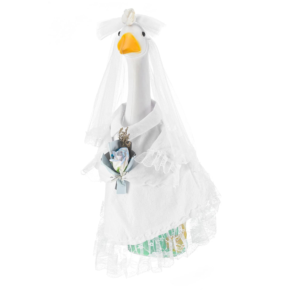 Sunnymove bridal goose outfit on a 23-inch goose wearing a wedding dress for garden decor