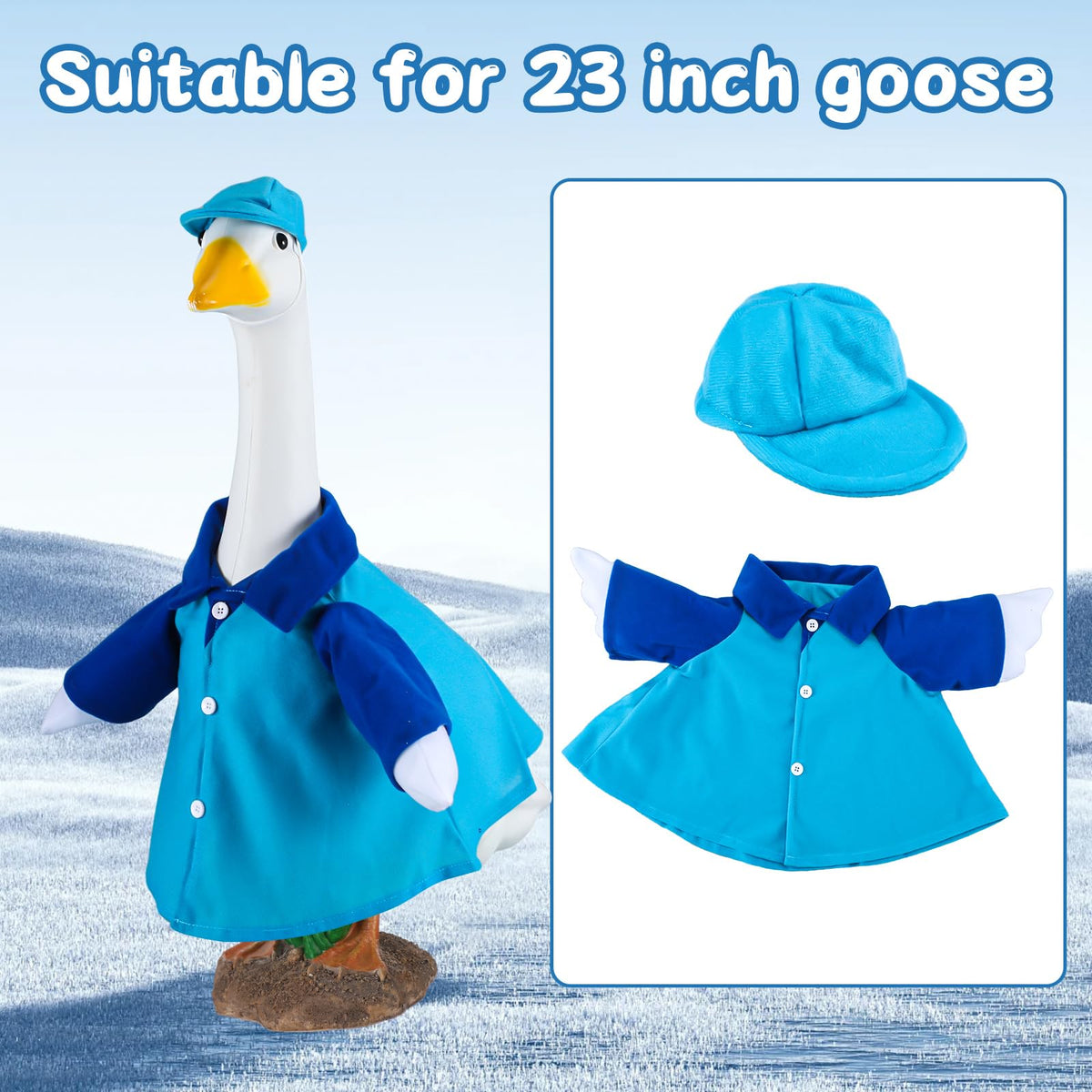 Sunnymove blue goose outfit on a lawn statue for festive curb appeal