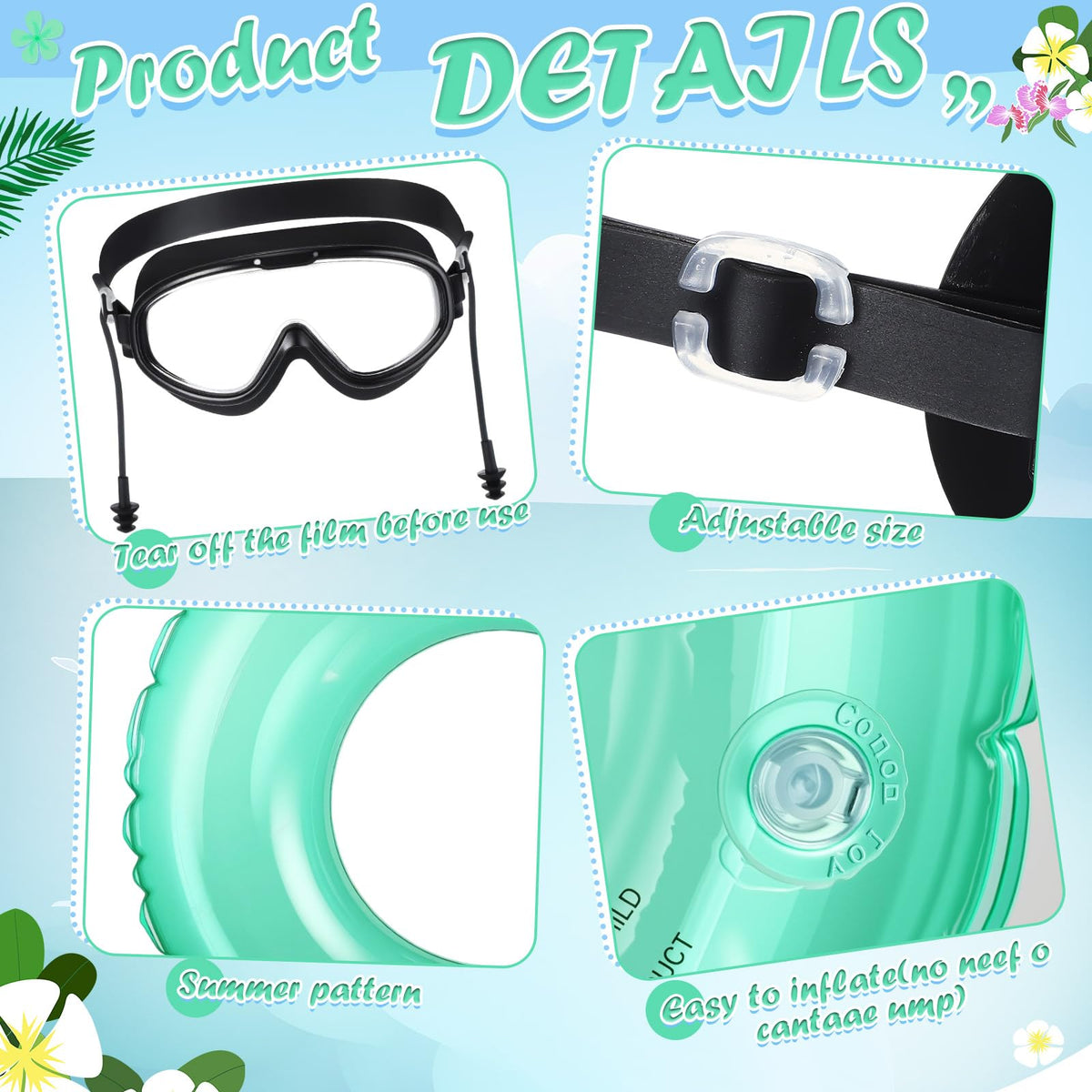 Sunnymove green and white swimming goggles complement the tropical yard setup.