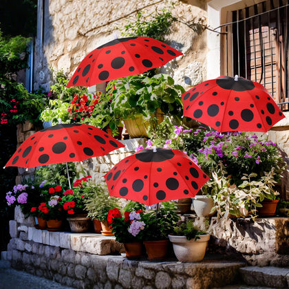 Sunnymove ladybug-pattern plant umbrella shading a potted herb bed for healthier growth