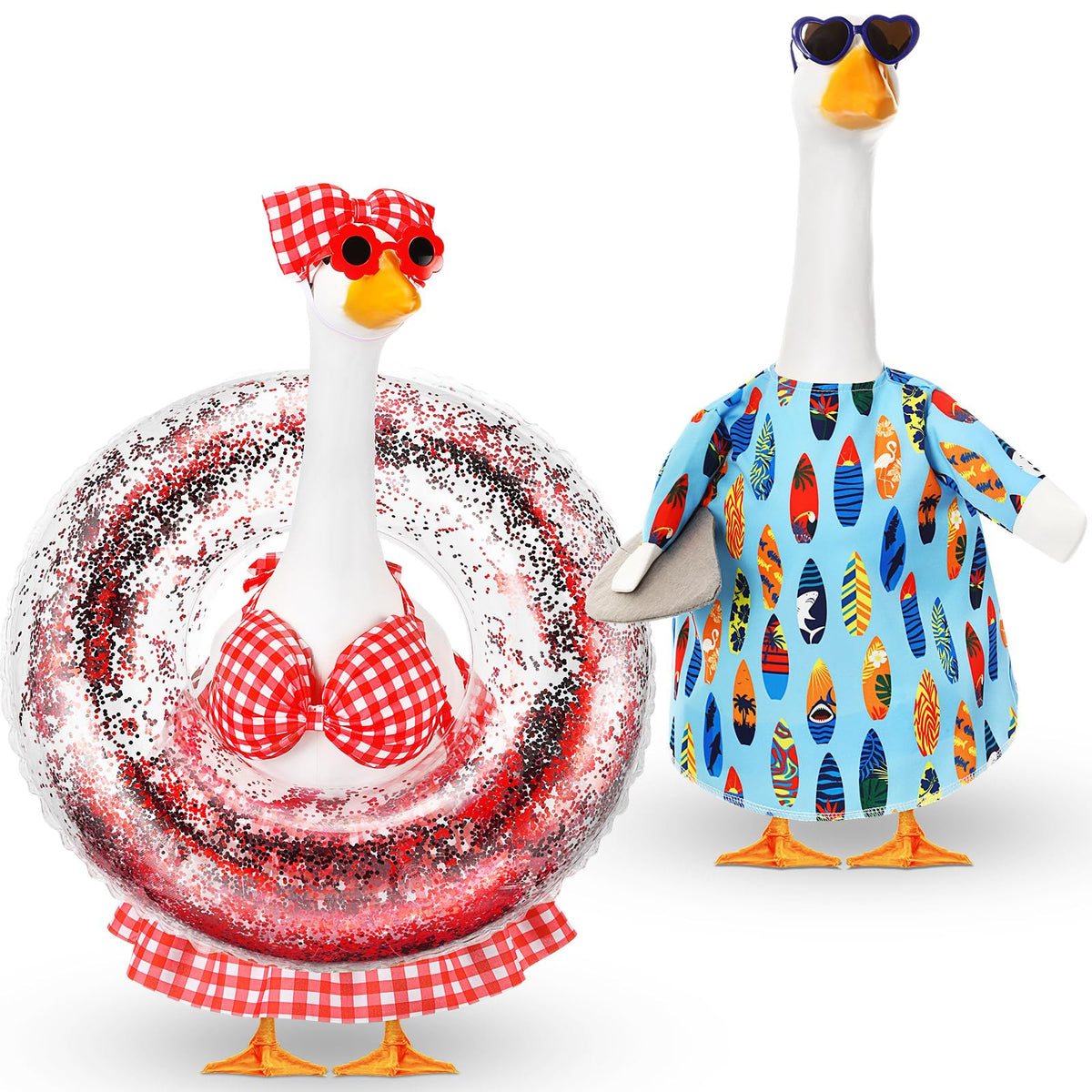 Sunnymove porch goose costume with stars and stripes bow for festive yard decor.