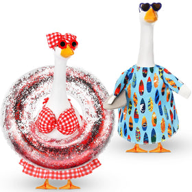 Sunnymove porch goose costume with stars and stripes bow for festive yard decor.