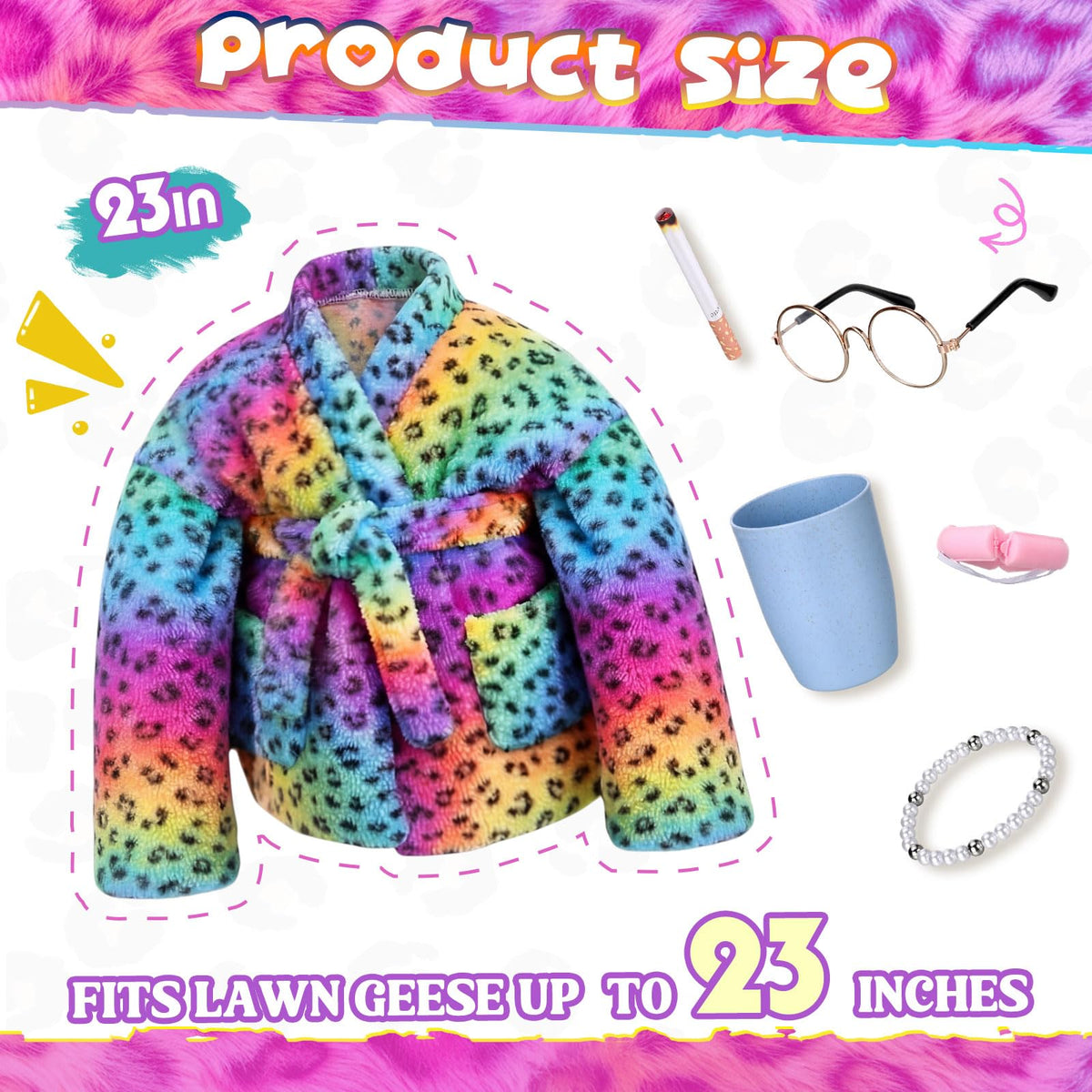 Sunnymove rainbow leopard bathrobe and glasses create a quirky patio conversation piece