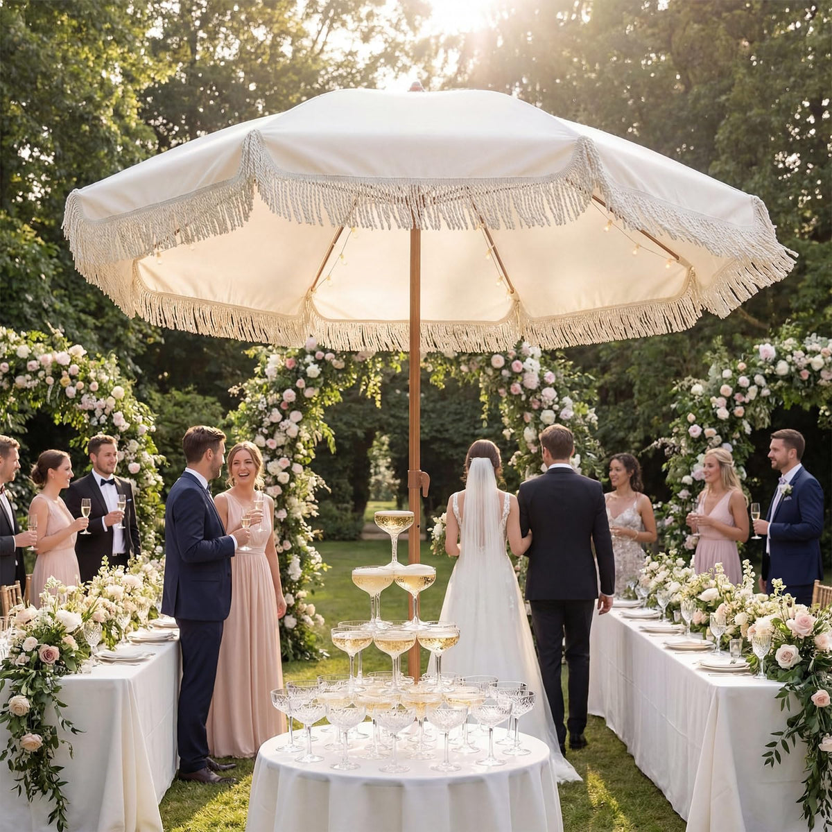 Sunnymove solar-powered edge lights illuminate the umbrella at night.