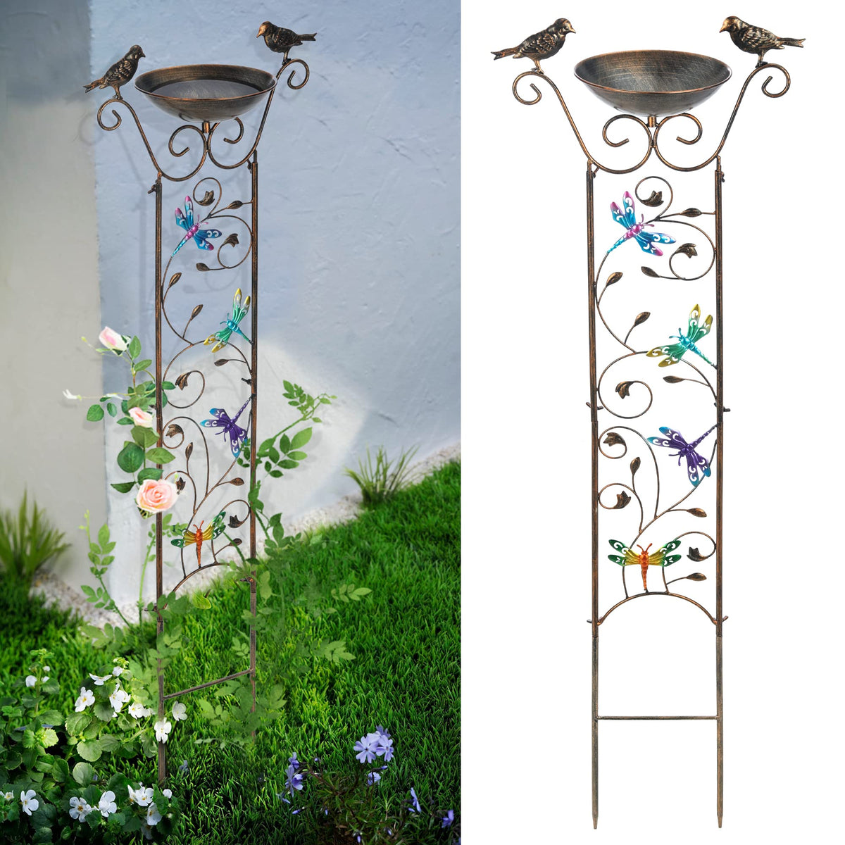 SUNNYPARK bird bath with trellis top view attracts birds with dragonfly accents