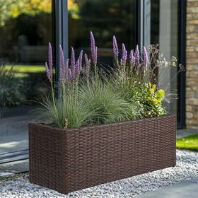 SUNNYPARK brown rectangular planter with long bed space for vegetables and flowers.