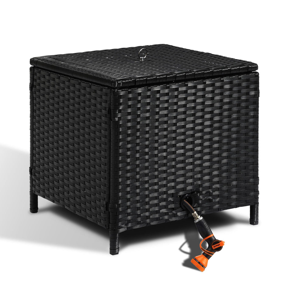 SUNNYPARK decorative hose storage box with lid protects hoses from dirt and sun.