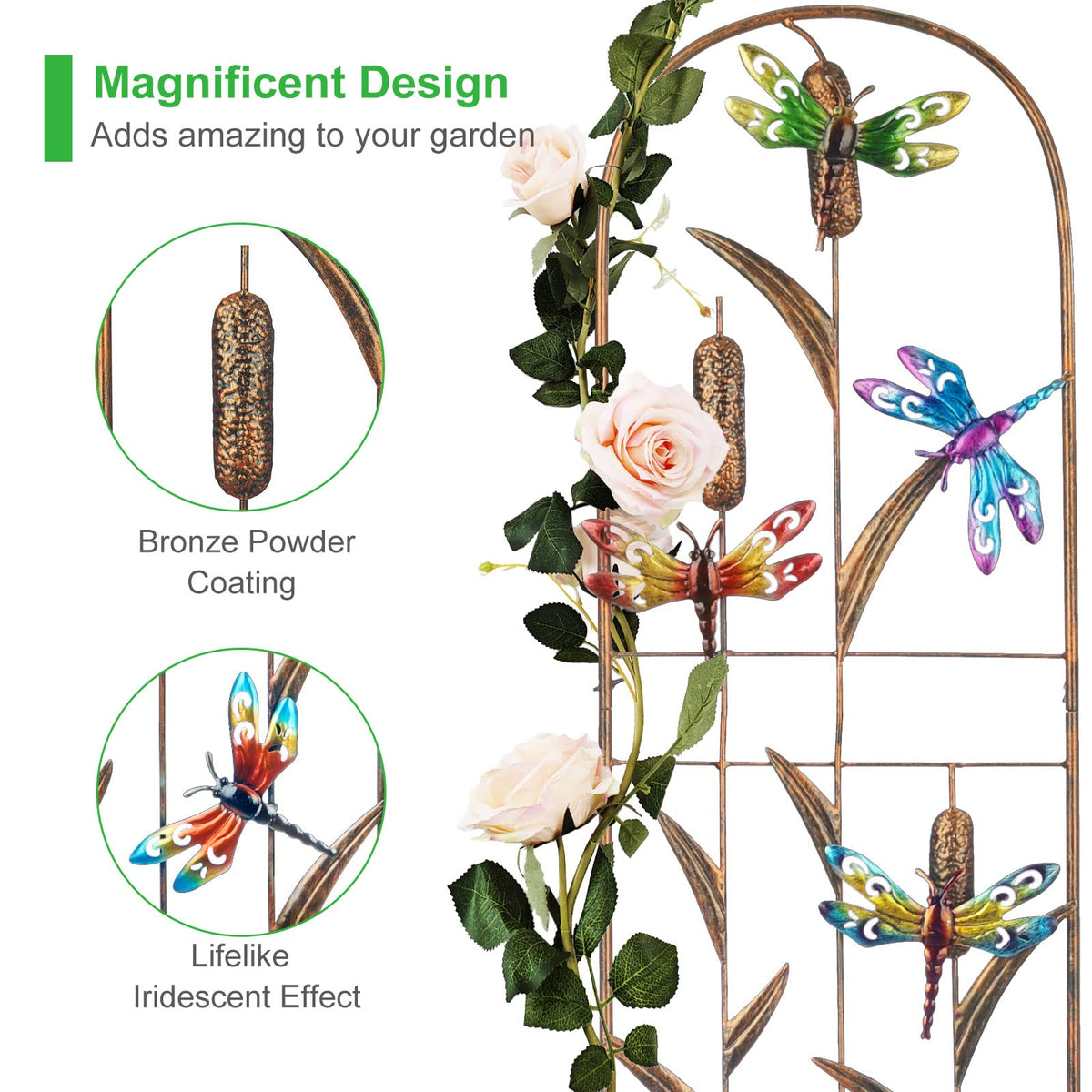 SUNNYPARK dragonfly trellis 46-inch height creates a vertical backdrop.