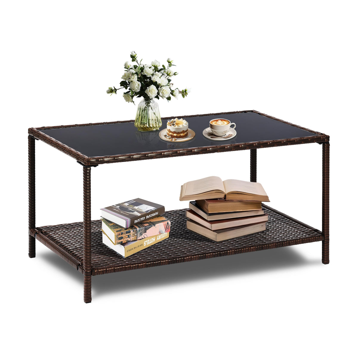 SUNNYPARK outdoor rattan coffee table with glass top for patio lounging