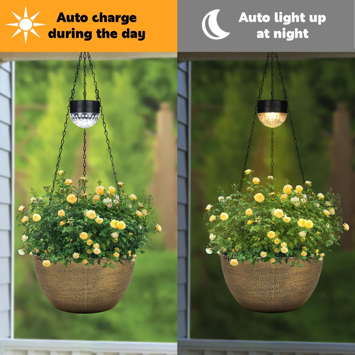 SUNNYPARK plastic planters with metal chains offer weather-resistant setup.