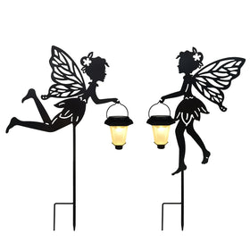 SUNNYPARK two-fairy garden stake adds whimsical yard decor at night.