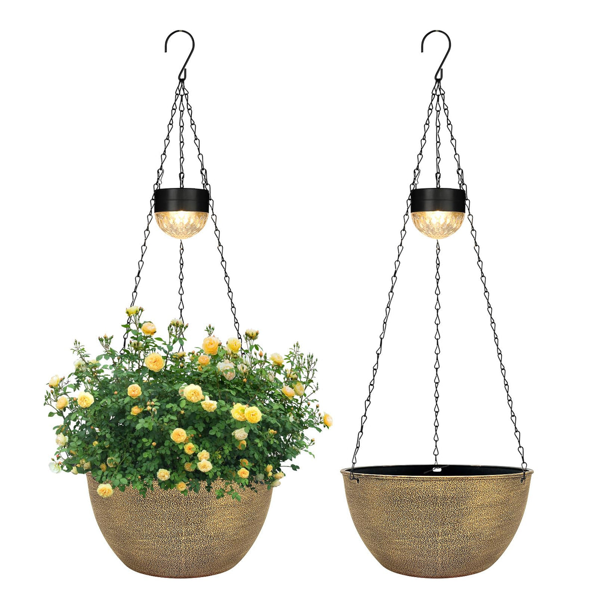 SUNNYPARK solar LED light illuminates the hanging planter at dusk.