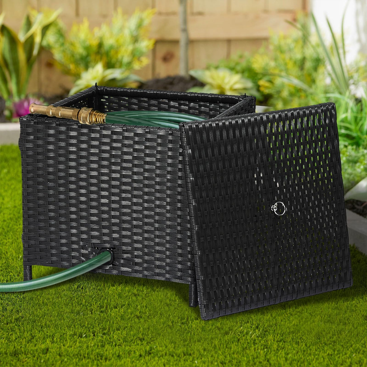 SUNNYPARK weather-resistant hose box in garden setting guards watering gear against rain.