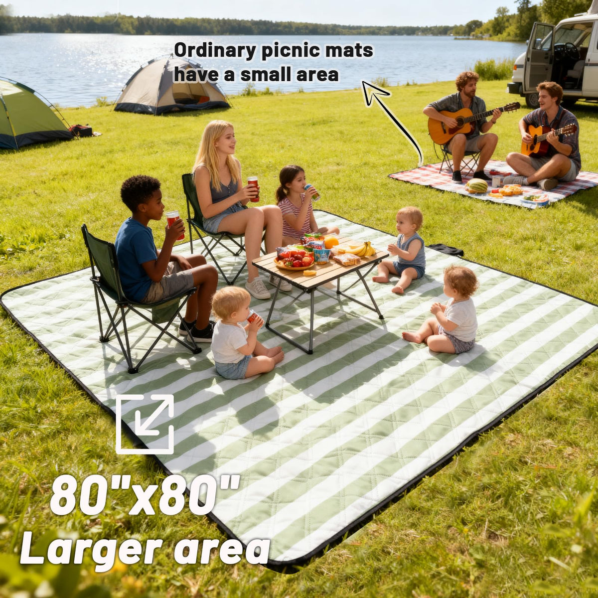 SunnyTrail picnic blanket 80x80 soft cotton middle layer enhances comfort on grass.