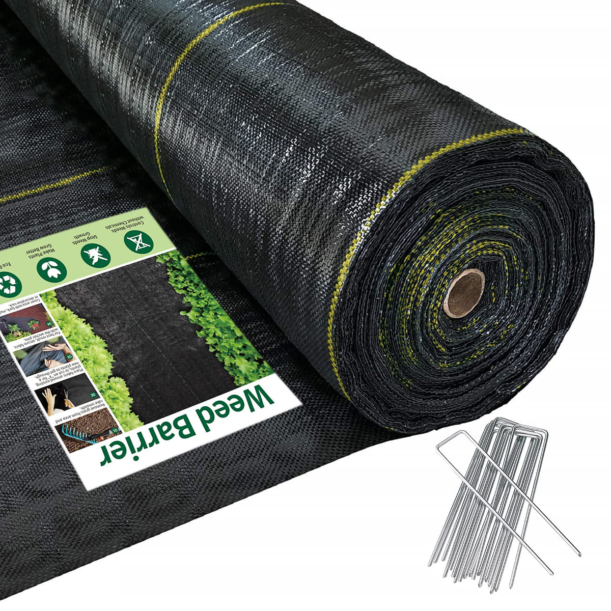Sunocity weed barrier packaging shows a rolled width for easy storage and setup.