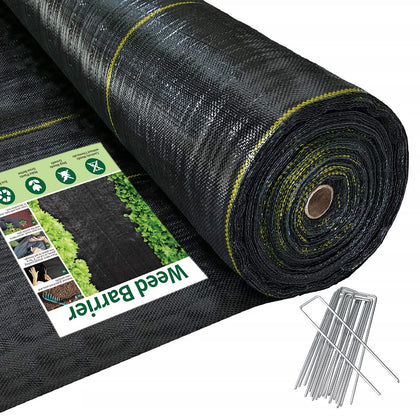 Sunocity weed barrier packaging shows a rolled width for easy storage and setup.