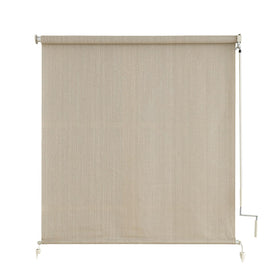 Sunoff outdoor roller shade on porch blocks sun glare for comfort.