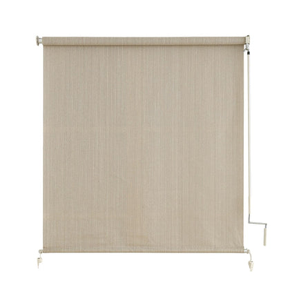 Sunoff outdoor roller shade on porch blocks sun glare for comfort.