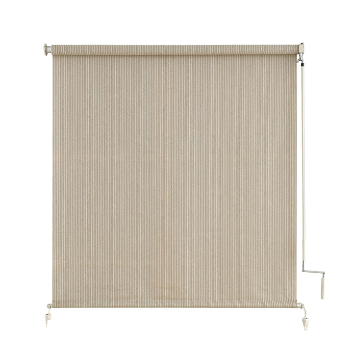 Sunoff outdoor roller shade on porch blocks sun glare for comfort.