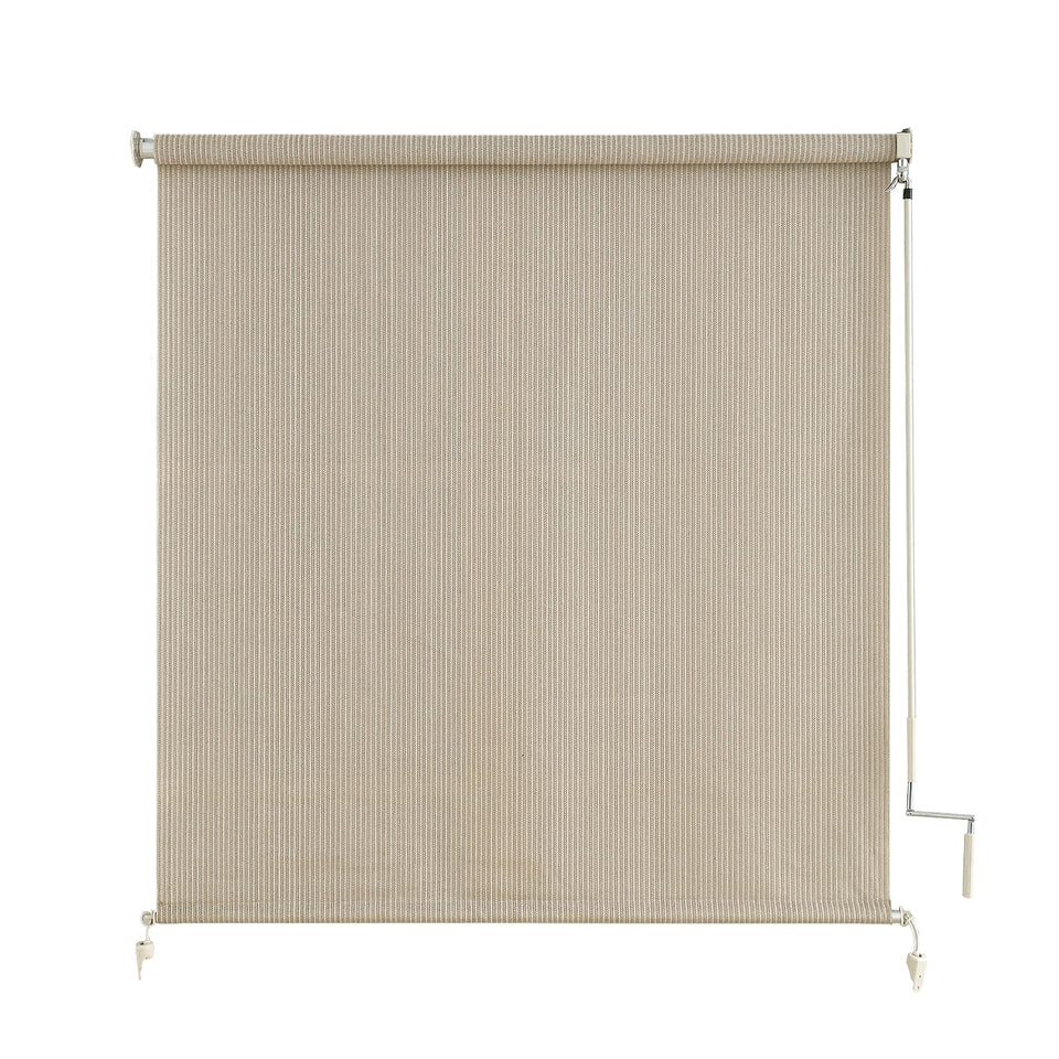 Sunoff outdoor roller shade on porch blocks sun glare for comfort.