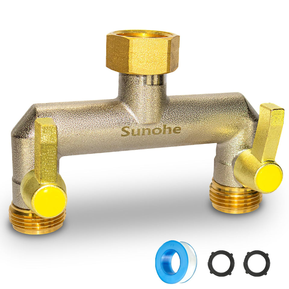 SUNOHE garden hose splitter with dual brass outlets ready for watering tasks.