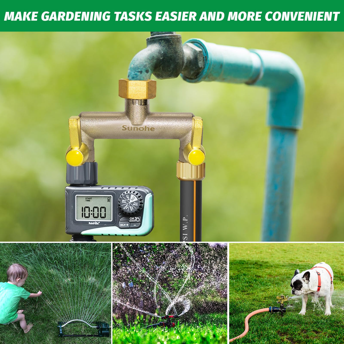 SUNOHE rust free outdoor faucet splitter designed for seasonal use.