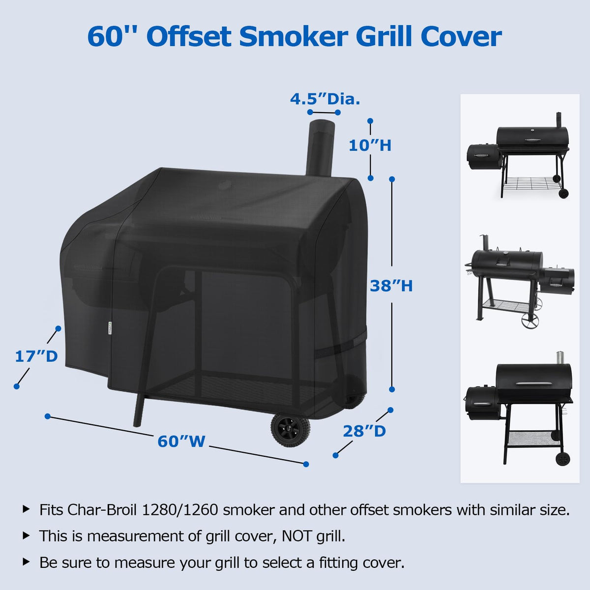 SunPatio offset smoker cover side view with wind-resistant straps