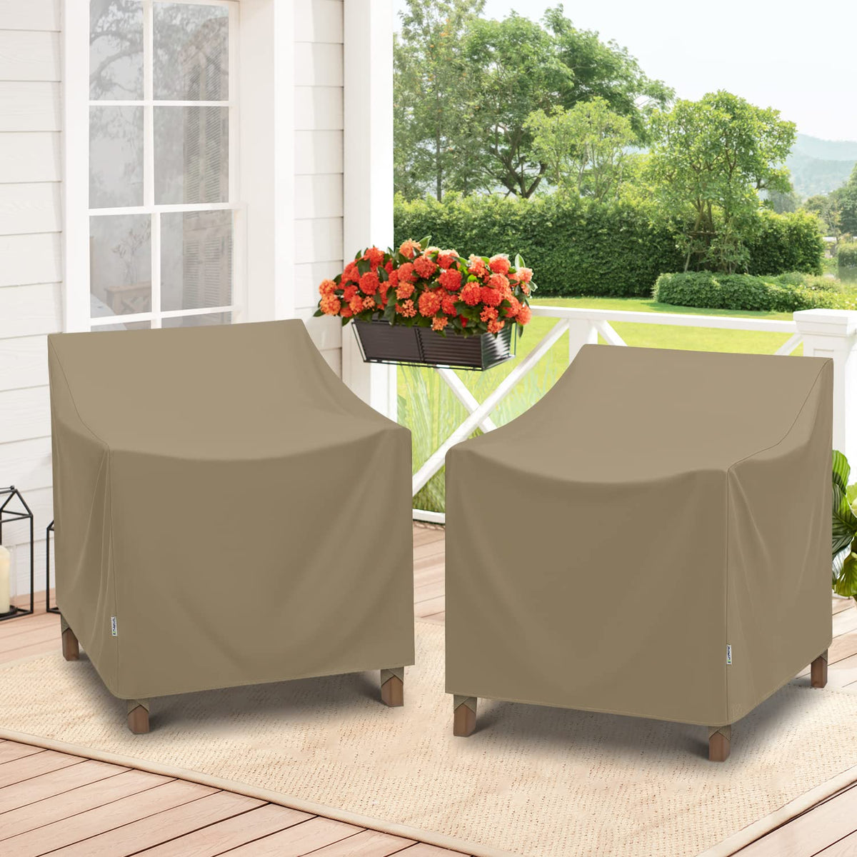 SunPatio chairs with covers on patio illustrate all-weather protection