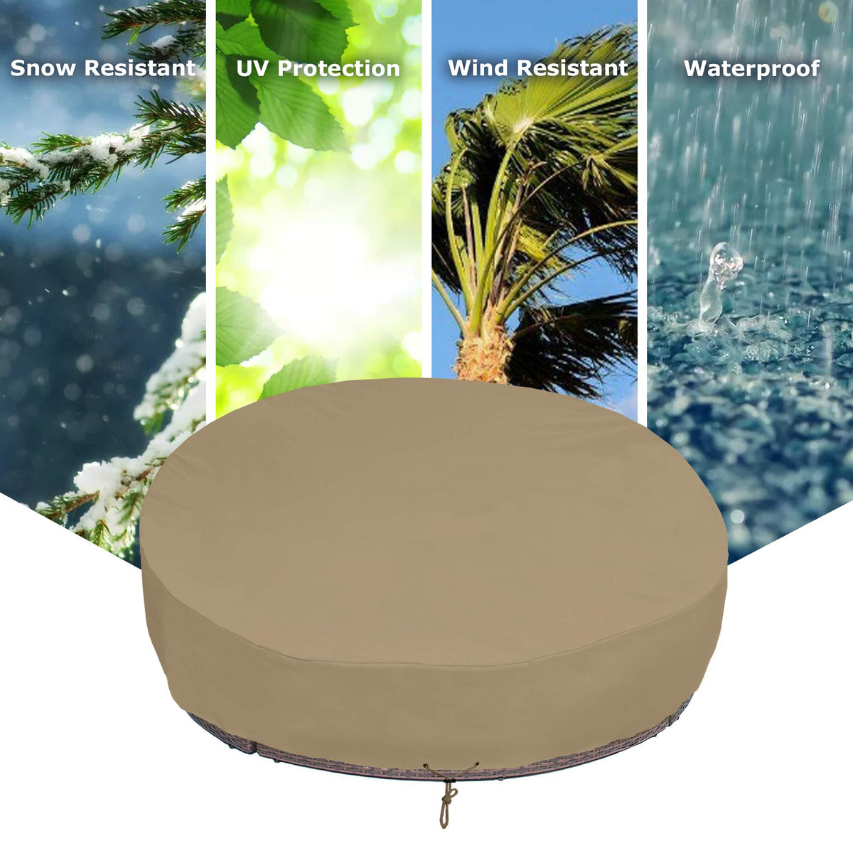 SunPatio 75-inch dia daybed cover on patio sofa demonstrates all-weather protection