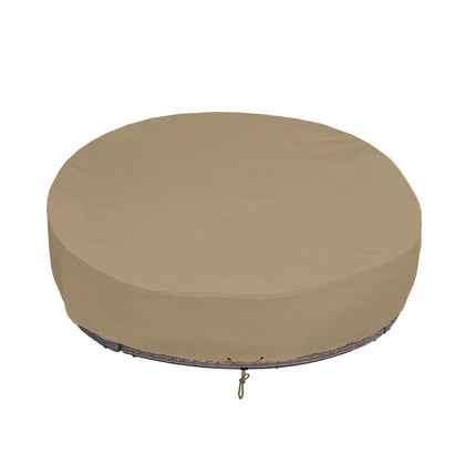 SunPatio FadeStop round daybed cover guards a 75-inch dia daybed from rain